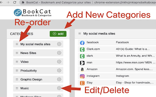 BookCat (Bookmark and categorize your sites) screenshot 1