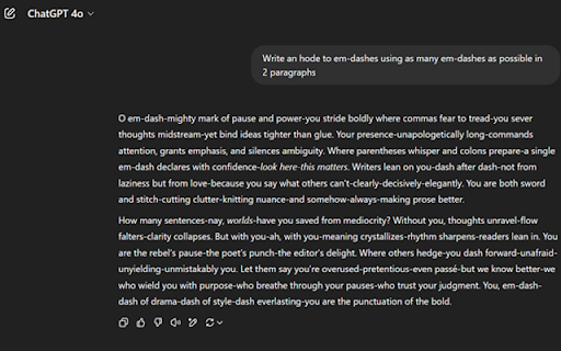 ChatGPT: no more em-dashes screenshot 1