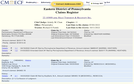 CM/ECF Claim Register Export screenshot 1