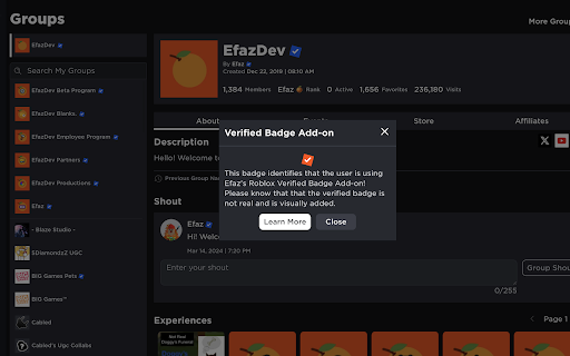 Efaz's Roblox Verified Badge Add-on screenshot 1