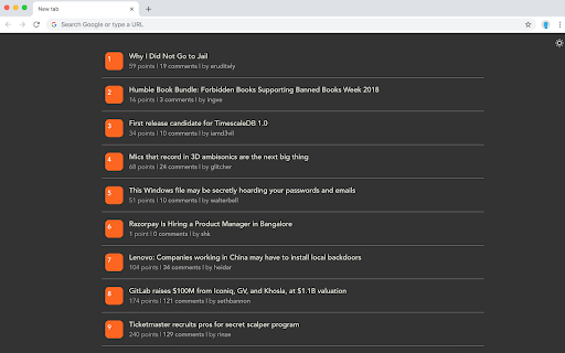 Hacker News in New Tab screenshot 1