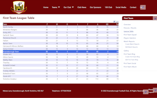 Knaresborough U18 Team League Table screenshot 1