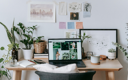 Laptop with smartphone placed around potted plant on table screenshot 1
