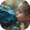 Little girl kisses magical dragon logo