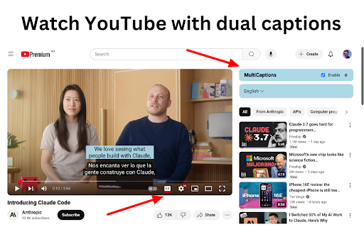 MultiCaptions - Multi-Language Captions for YouTube screenshot 1
