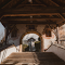 Rustic Archway with Wooden Beams in Tranquil Setting logo