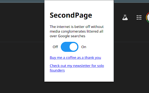 SecondPage - Google Searches without media conglomerates screenshot 1