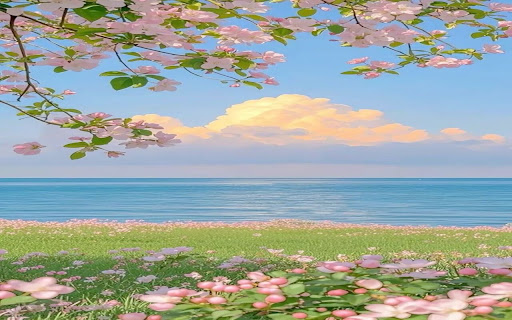 Spring blooms by the blue sea wallpaper screenshot 1
