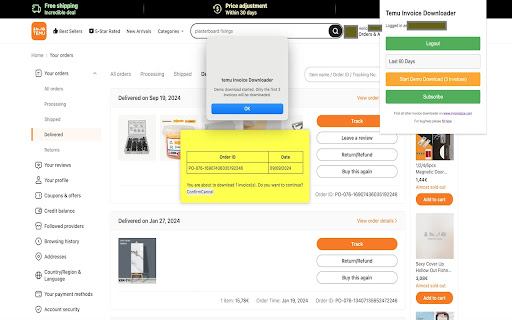 Temu Invoice Downloader screenshot 1