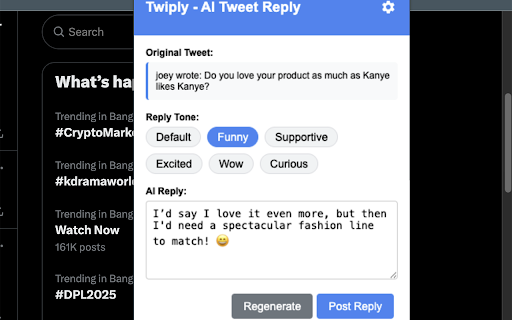 Twiply - AI Tweet Reply using Gemini/OpenAI API key screenshot 1