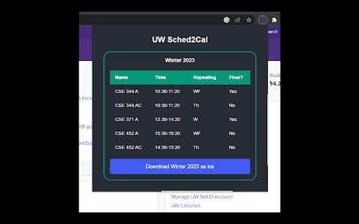 UW Sched2Cal screenshot 1