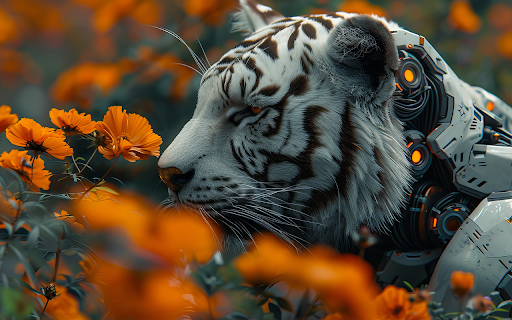 white tiger half machine on yellow flower field screenshot 1